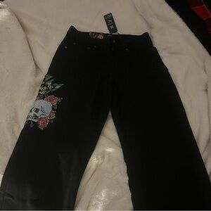 Ed Hardy Black Jeans with Colorful Skull Embroidery